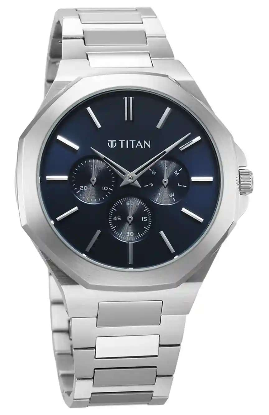 Titan Classic Slim Multifunction Quartz Multifunction Blue Dial Stainless Steel Strap Watch For Men