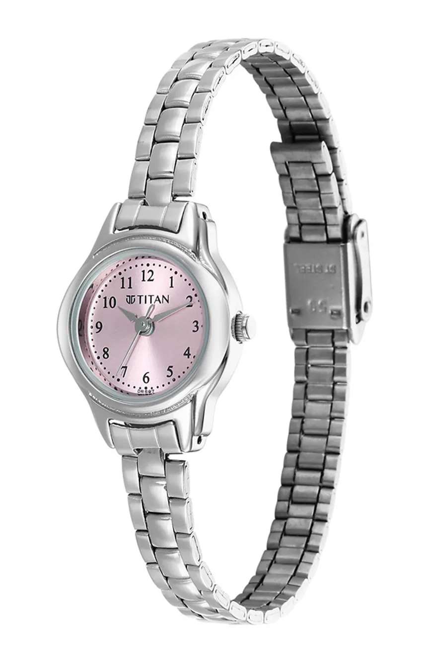 Titan Karishma Pink Round Dial Silver Stainless Steel Strap Analog Watch For Women