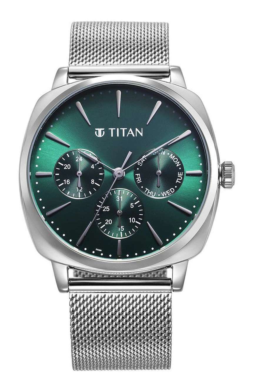 Titan Classique Suave Quartz Green Dial Silver Stainless Steel Mesh Strap Watch for Men