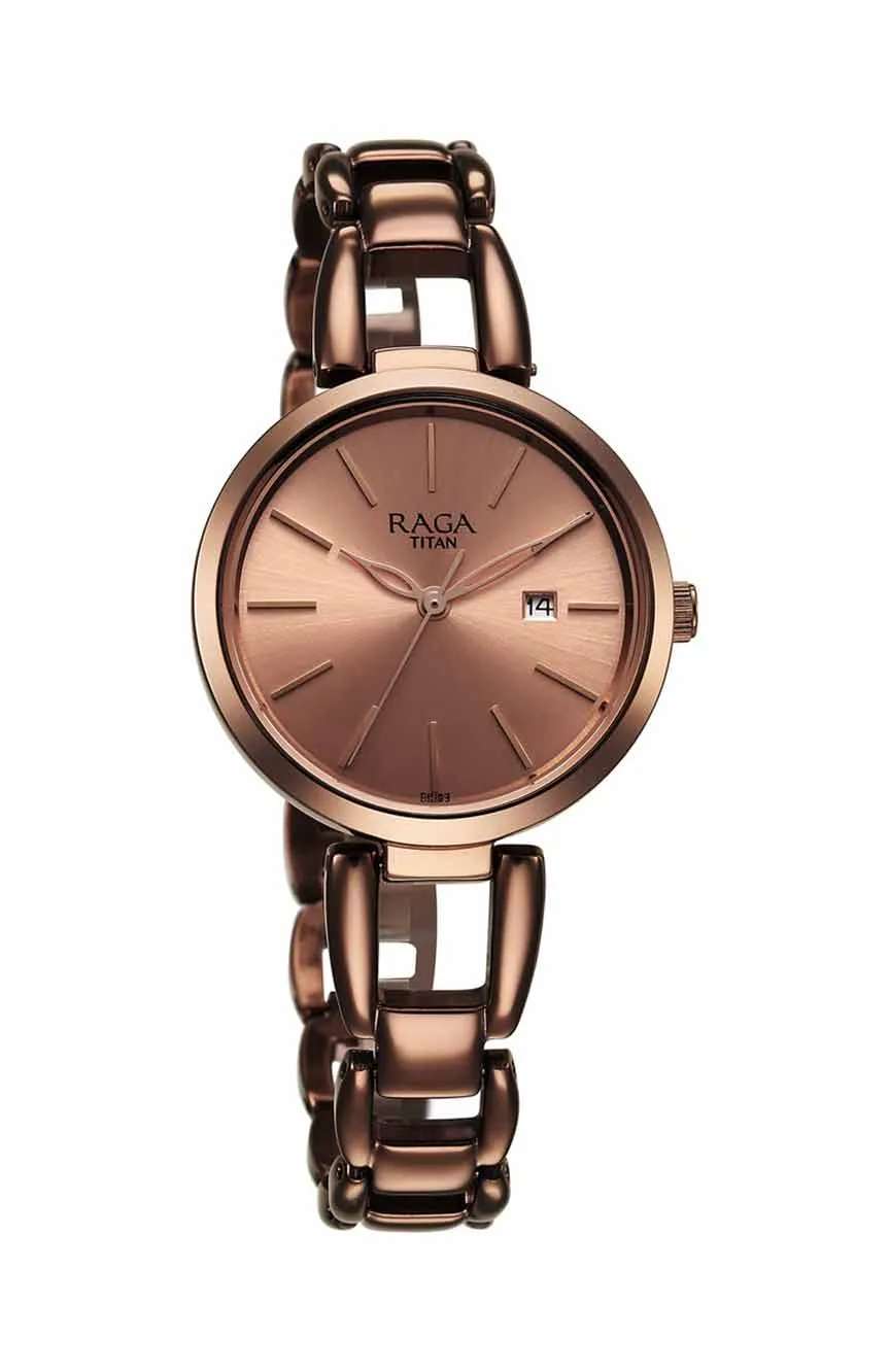 Titan Raga Viva Quartz Analog with Date Rose Gold Dial Brown Metal Strap Watch for Women
