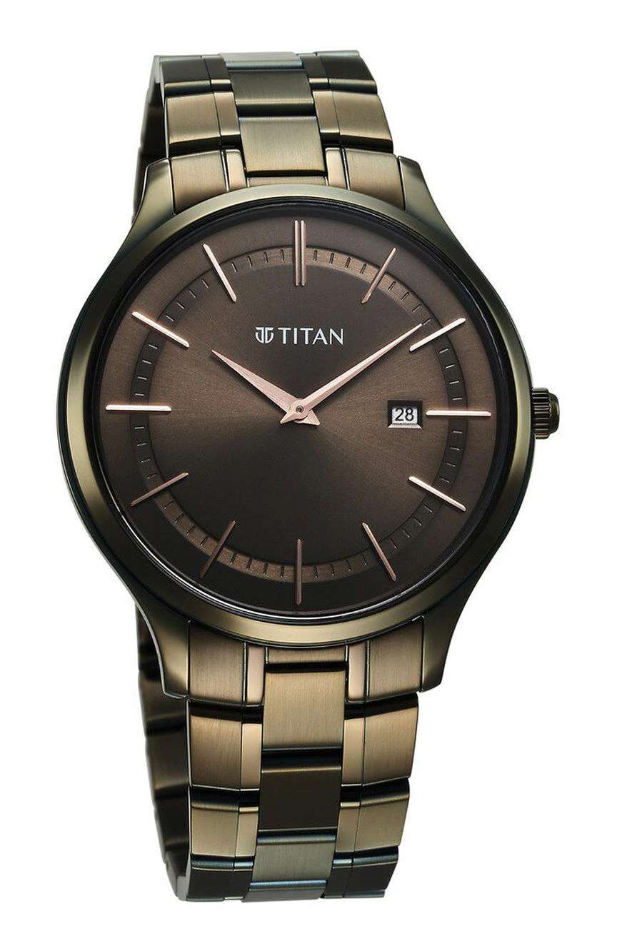 Titan Clasique Slim Quartz Analog with Date Brown Dial With Two Toned Color Stainless Steel Strap Watch For Men