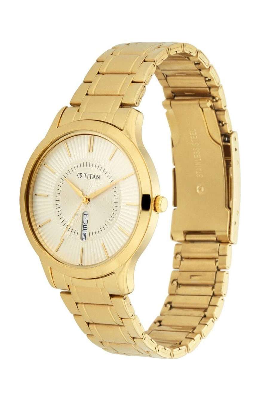 Titan Quartz Analog with Day and Date Yellow Dial Metal Strap Watch for Men