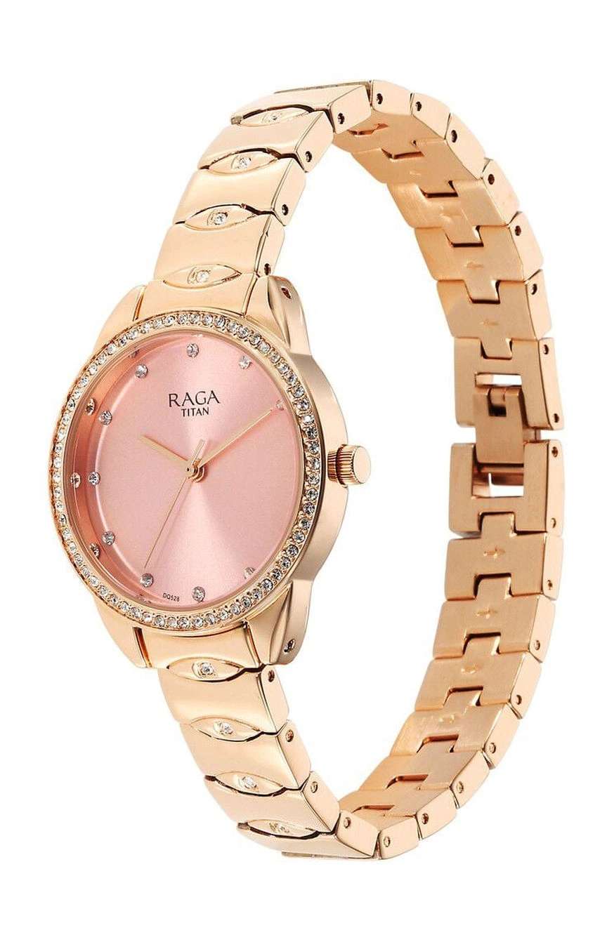 Titan Raga Showstopper Quartz Analog Pink Round Dial Rose Gold Metal Strap Watch For Women