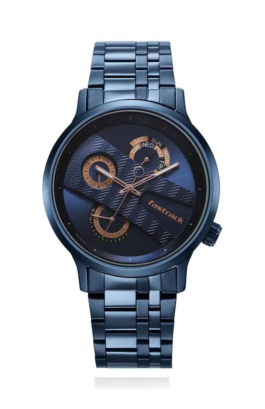 Titan Fastrack Exuberant Quartz Multifunction Blue Dial Stainless Steel Strap Watch for Guys