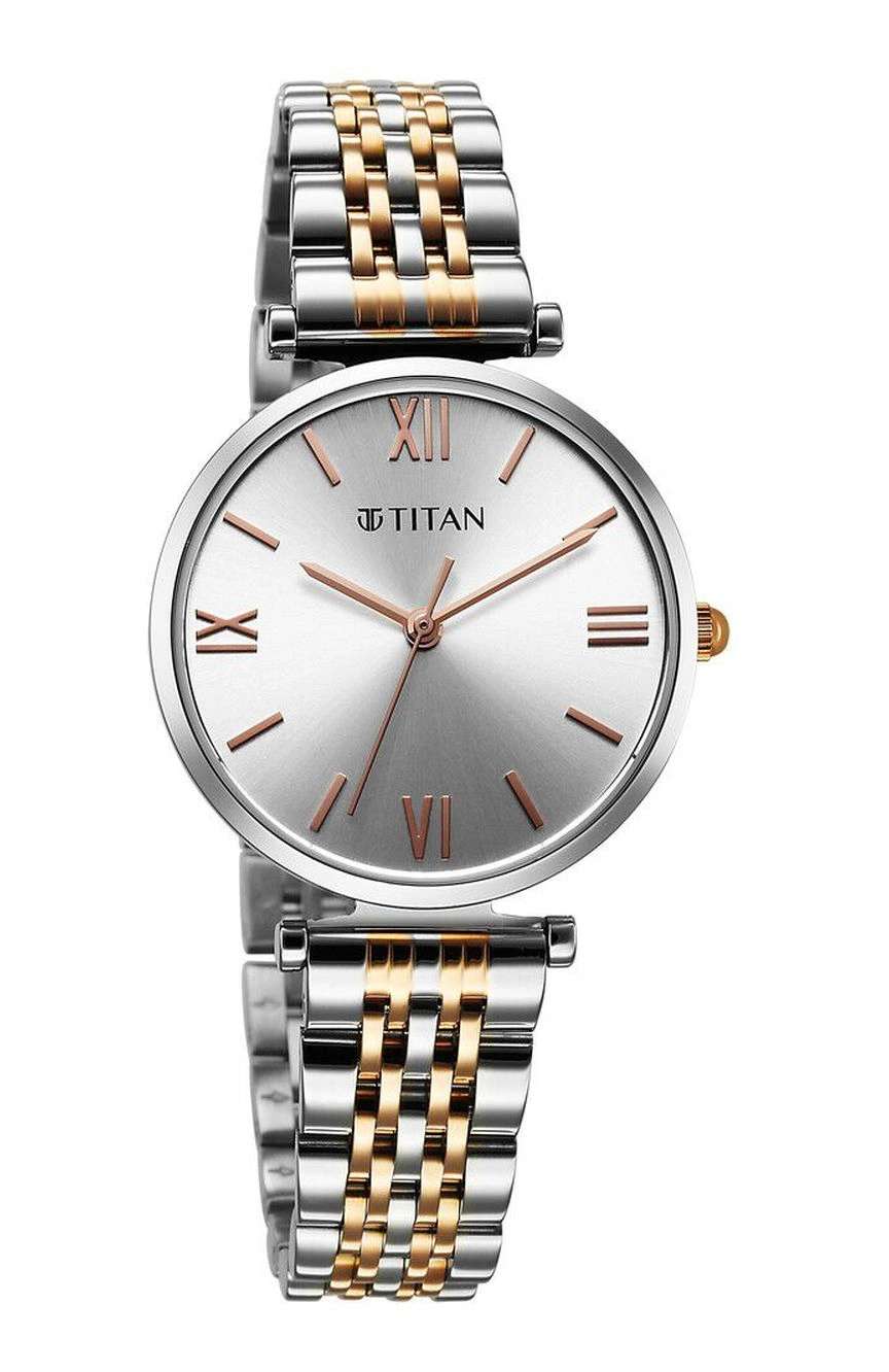 تيتان ساعة تيتان وركموود كوارتز بميناء فضي وسوار معدني للنساء