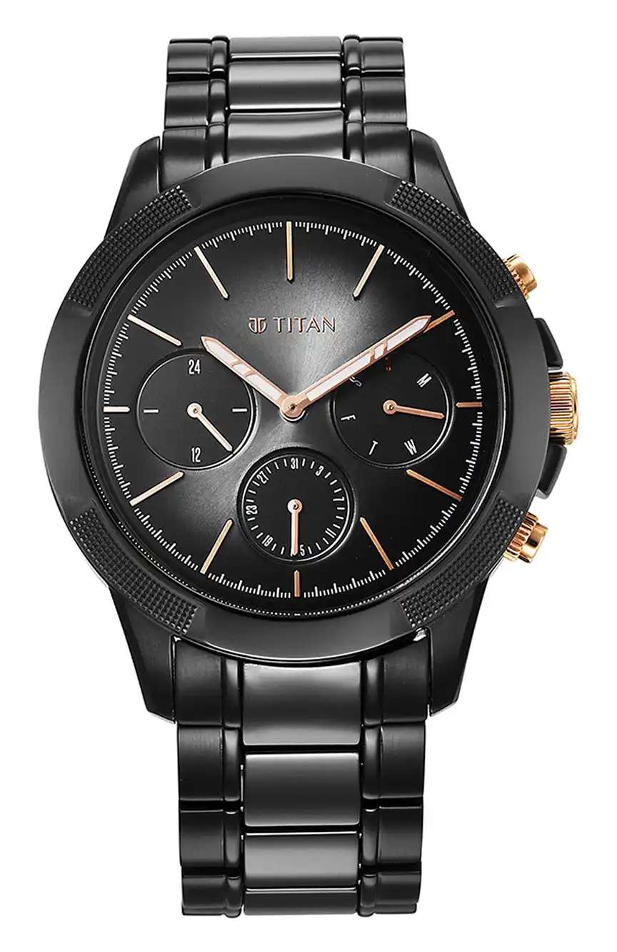 Titan Quartet Black Dial Analog with Day and Date Steel and Ceramic Strap watch for Men