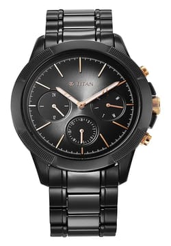 Titan Quartet Black Dial Analog with Day and Date Steel and Ceramic Strap watch for Men
