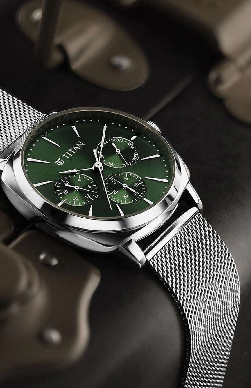 Titan Classique Suave Quartz Green Dial Silver Stainless Steel Mesh Strap Watch for Men
