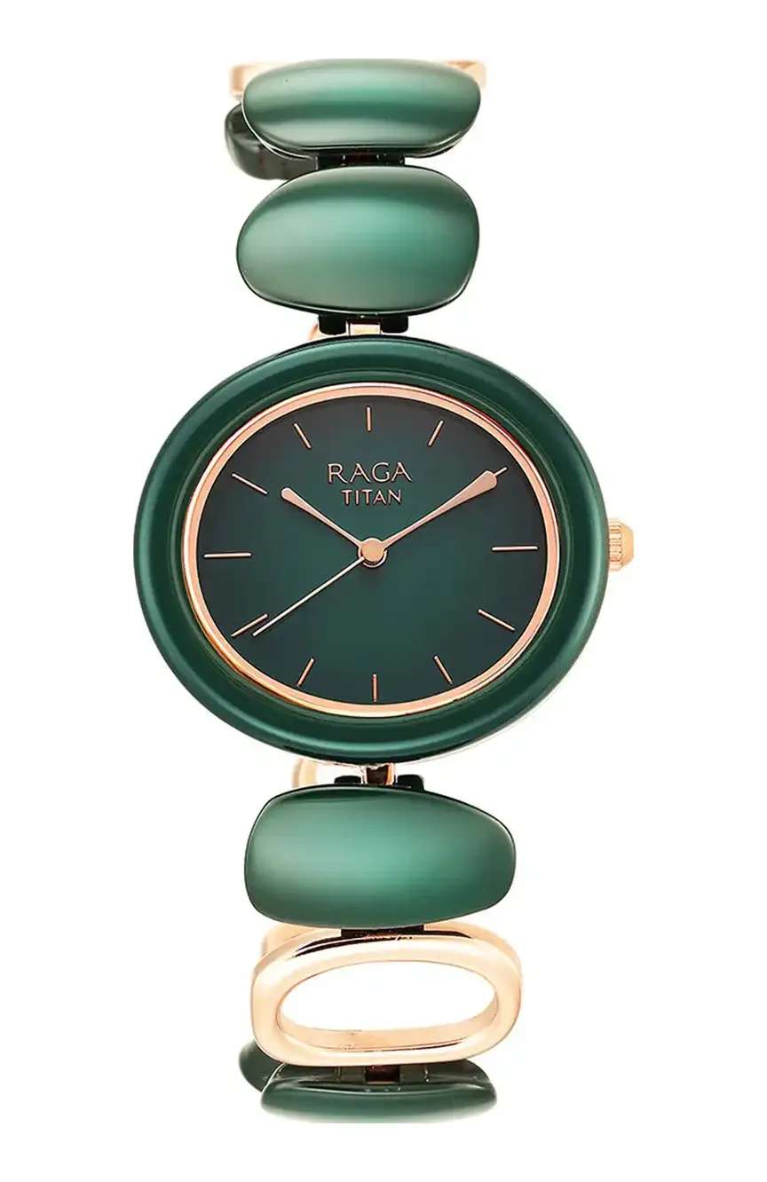 Titan Raga Ceramics Green Dial Analog Metal Strap Watch for Women