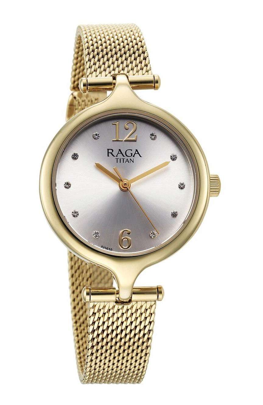 Titan Raga Showstopper Quartz Analog Silver Dial Golden Metal Strap Watch For Women