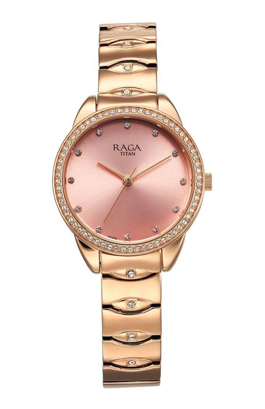 Titan Raga Showstopper Quartz Analog Pink Round Dial Rose Gold Metal Strap Watch For Women