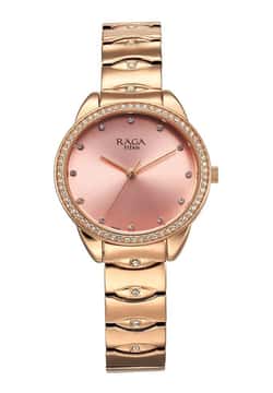 Titan Raga Showstopper Quartz Analog Pink Round Dial Rose Gold Metal Strap Watch For Women