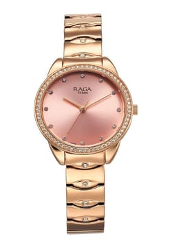 Titan Raga Showstopper Quartz Analog Pink Round Dial Rose Gold Metal Strap Watch For Women