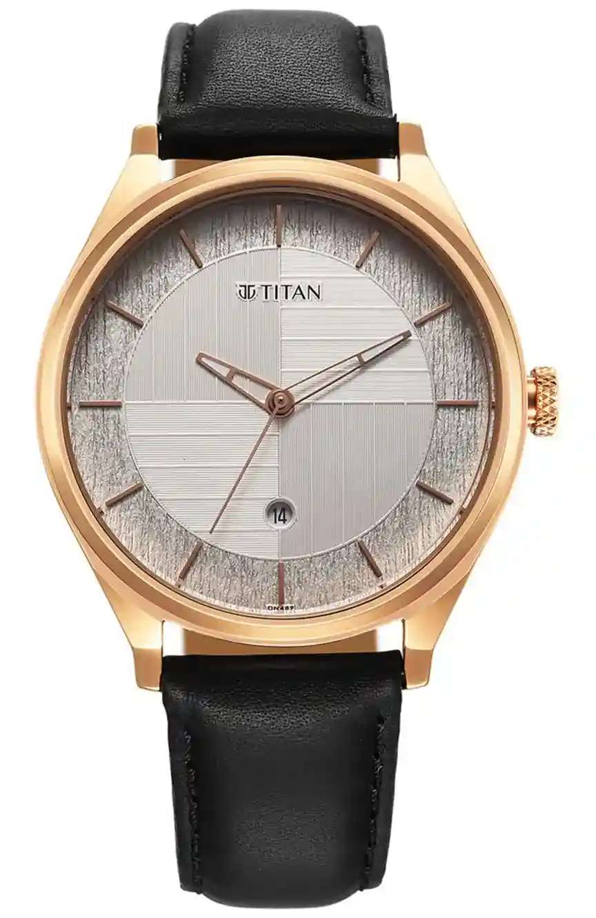 Titan Neo Economy Quartz Analog with Date Silver Dial Black Leather Strap Watch For Men