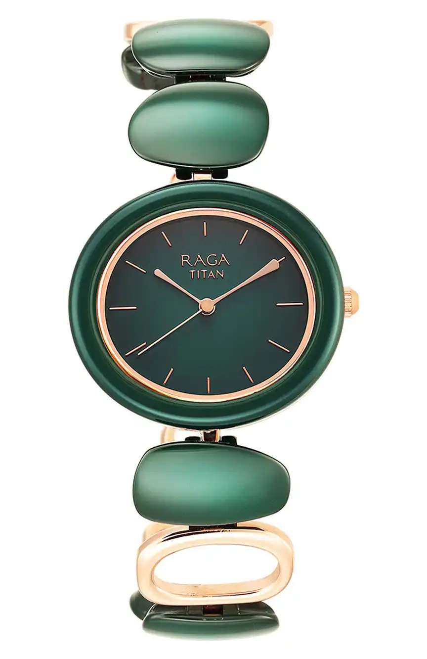 Titan Raga Ceramics Green Dial Analog Metal Strap Watch for Women