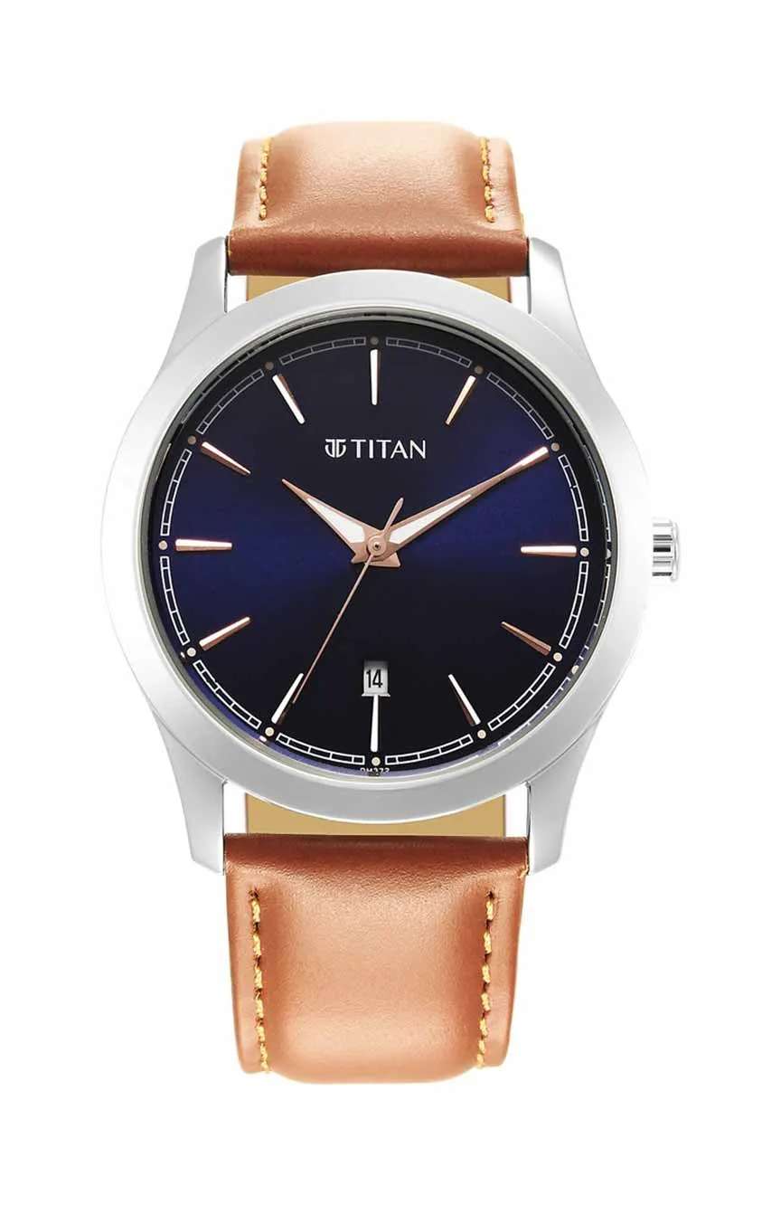 Titan Quartz Analog Blue Dial Leather Strap Watch for Men