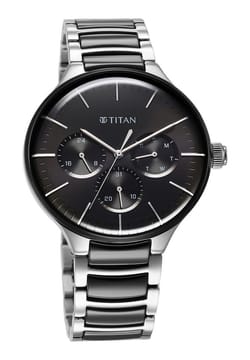 Titan Ceramic Fusion Quartz Multifunction Black Dial Silver Dual-Toned Stainless Steel Bracelet Watch for Men
