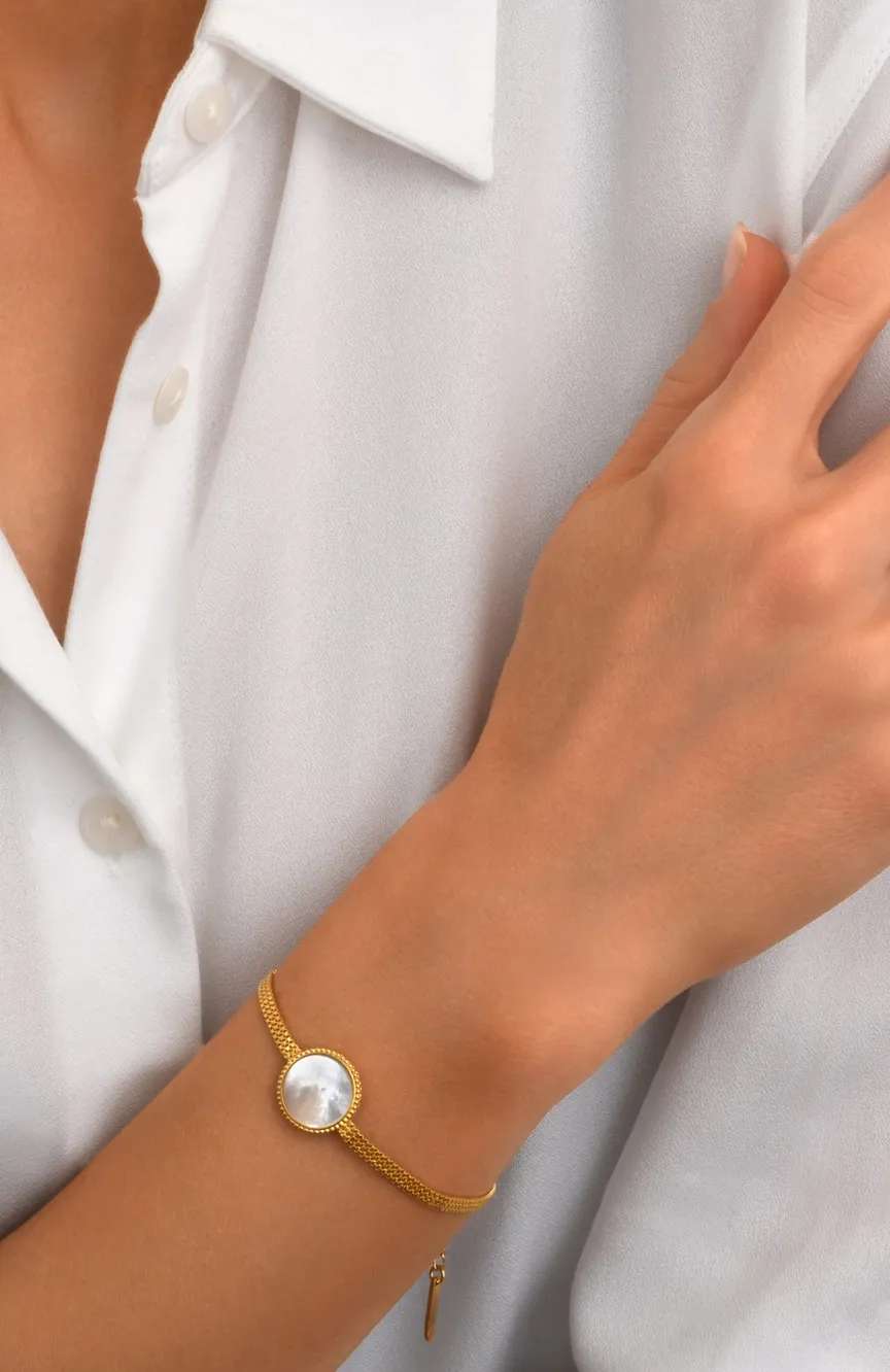 Satellite Ashanti Bracelet In Round Mother-Of-Pearl And Flat Chain -White