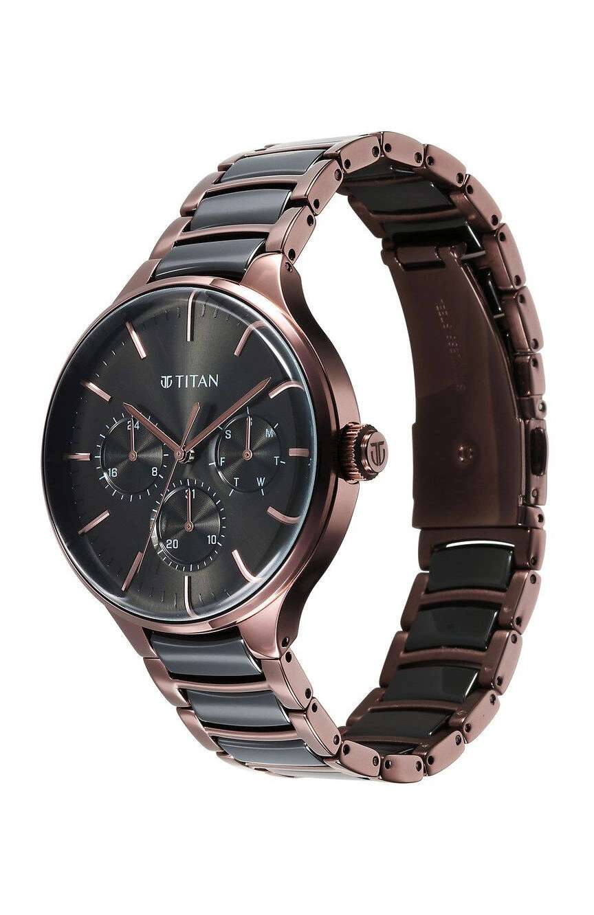 Titan Ceramic Fusion Multifunction Black Dial With Two Toned Color Stainless Steel Strap Watch For Men