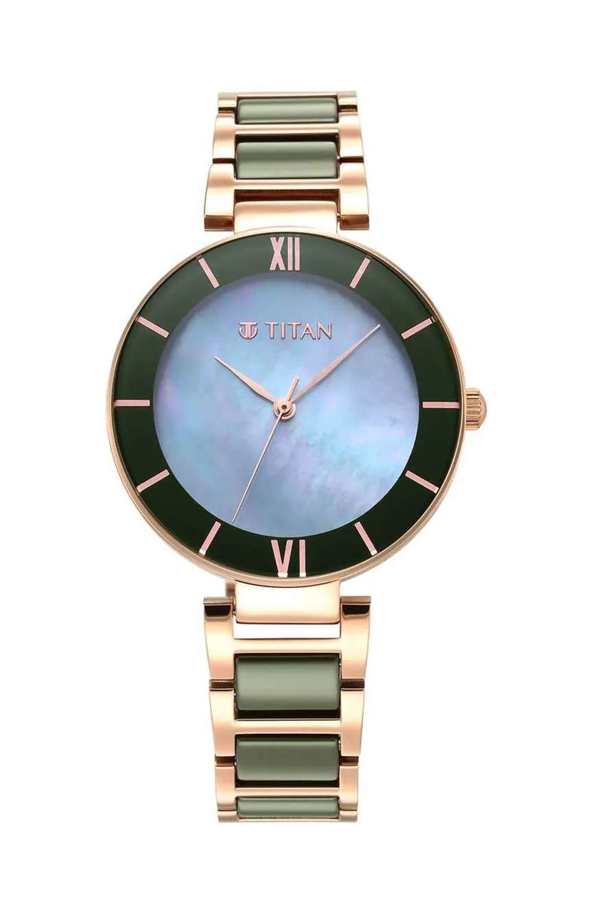 Titan Purple Ceramics Green Dial Steel & Ceramic Strap Watch for Women