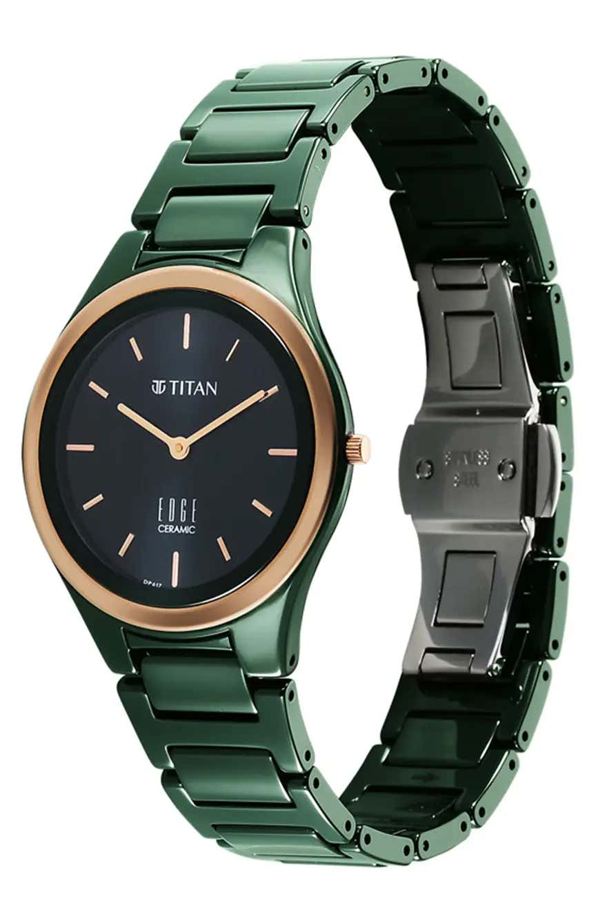 Titan Edge Bicolour Quartz Analog Green Dial Green Ceramic Strap Watch For Women