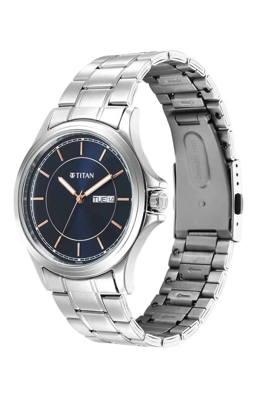 Titan Quartz Analog Blue Dial Metal Strap Watch for Men