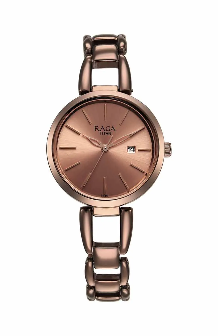 

Titan | Titan Raga Viva Quartz Analog with Date Rose Gold Dial Brown Metal Strap Watch for Women