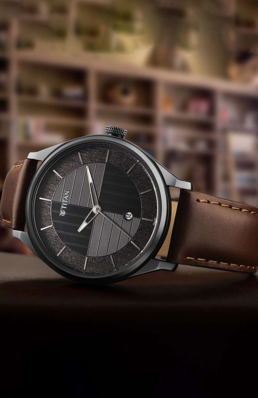 Titan Neo Economy Quartz Analog with Date Grey Dial Brown Leather Strap Watch For Men