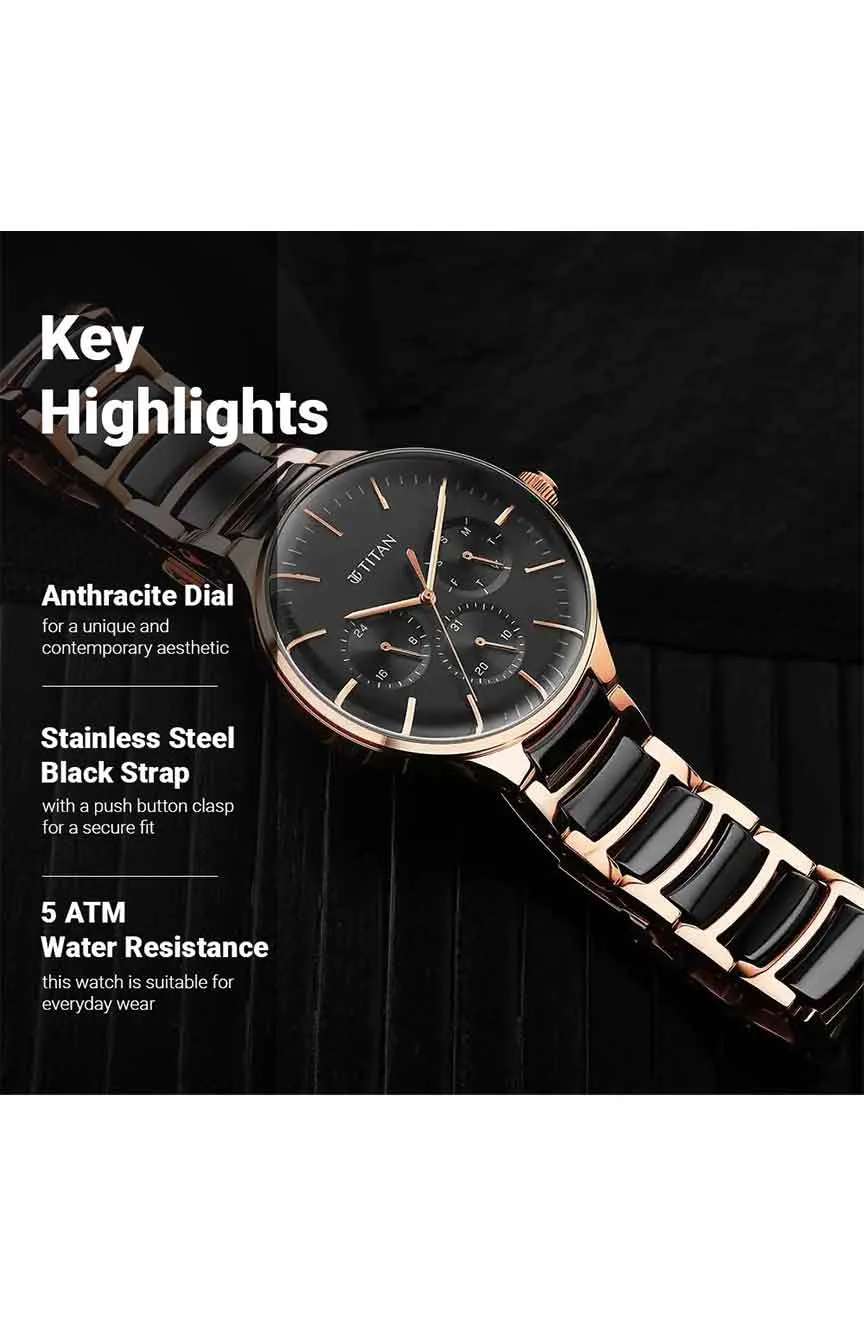 Titan Ceramic Fusion Quartz Multifunction Black Dial Rose Gold Dual-Toned Stainless Steel Bracelet Watch for Men