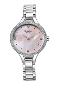 Titan Raga Showstopper Quartz Analog Mother Of Pearl Dial Silver Metal Strap Watch For Women