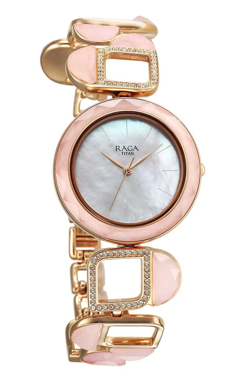 Titan Raga New You Quartz Analog Mother Of Pearl Round Dial Rose Gold Metal Strap Watch For Women