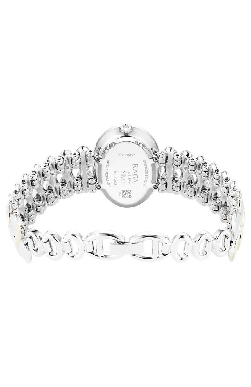 Titan Raga Silver Quartz Analog Mother Of Pearl Dial Sterling Silver Metal Strap And Case Watch For Women