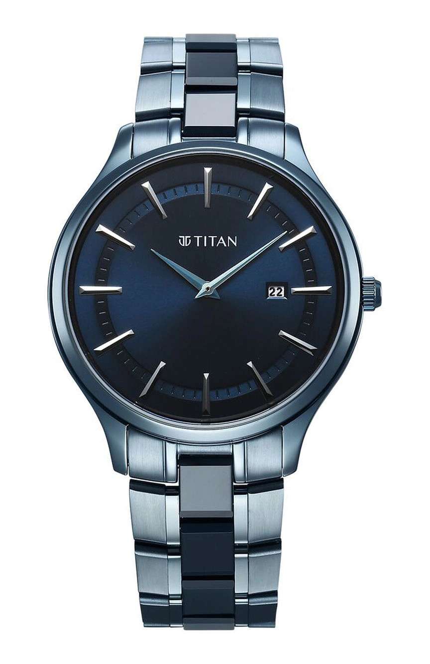 Titan Slim Ceramic Fusion Quartz Analog with Date Blue Dial Stainless Steel Strap Watch For Men