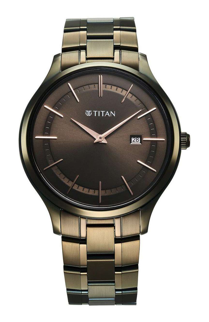 Titan Clasique Slim Quartz Analog with Date Brown Dial With Two Toned Color Stainless Steel Strap Watch For Men