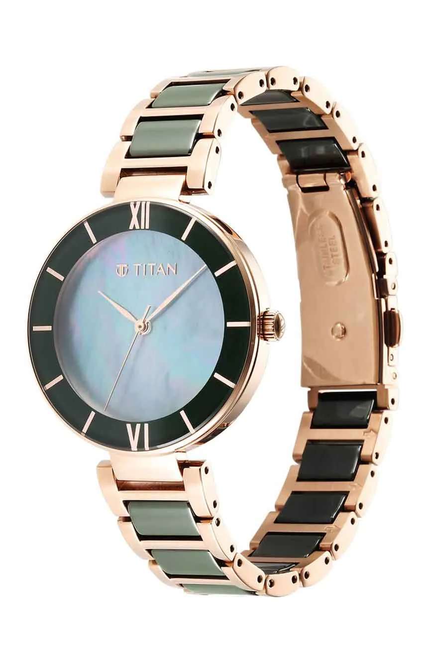Titan Purple Ceramics Green Dial Steel & Ceramic Strap Watch for Women