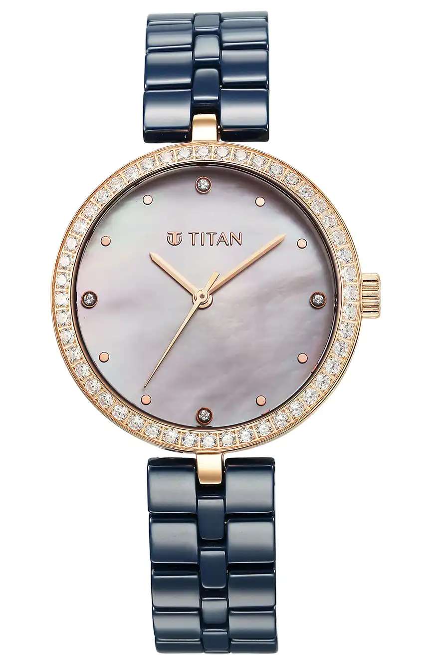 Titan Purple Ceramics Quartz Analog Mother of Pearl Dial Blue Ceramic Strap Watch For Women