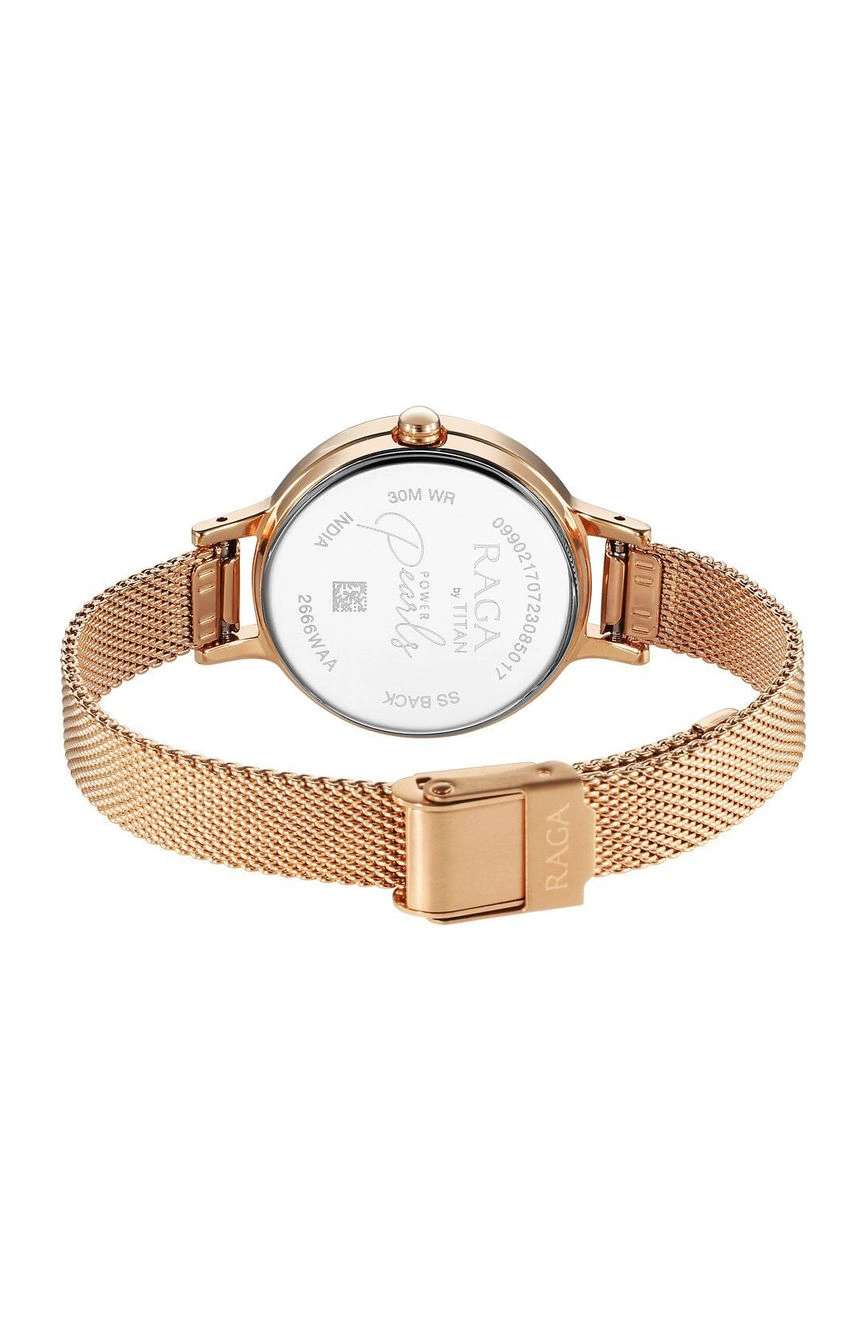 Titan Raga Power Pearls Quartz Analog Mother of Pearl Dial Rose Gold Metal Strap Watch For Women