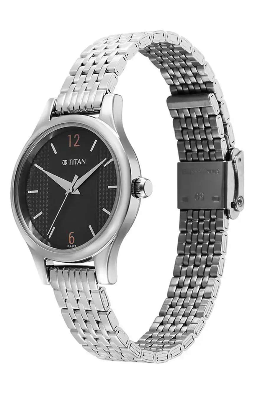 Titan Karishma Quartz Analog Black Dial Silver Stainless Steel Strap Watch For Women