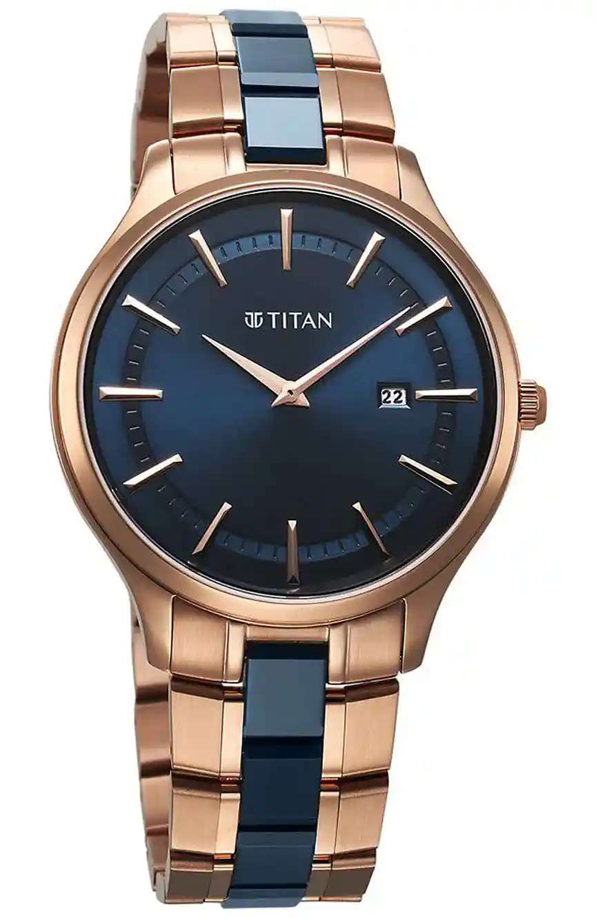 تيتان ساعة تيتان سيراميك فيوجن كوارتز بنافذة لعرض التاريخ بميناء أزرق وسوار ستانلس إستيل للرجال