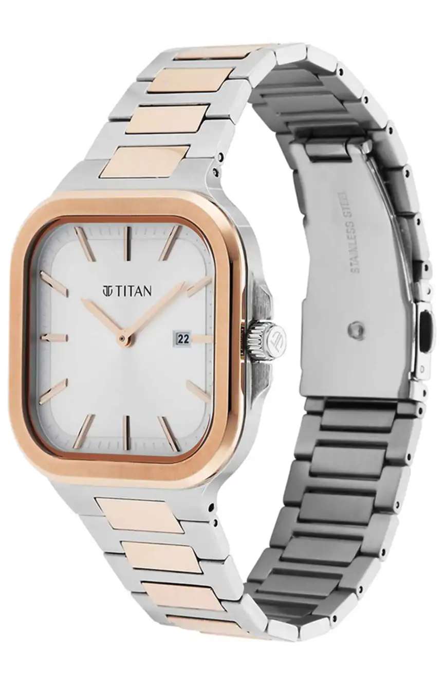 Titan Classique Slim Square Quartz Analog with Date Silver Dial Stainless Steel Strap Watch for Men