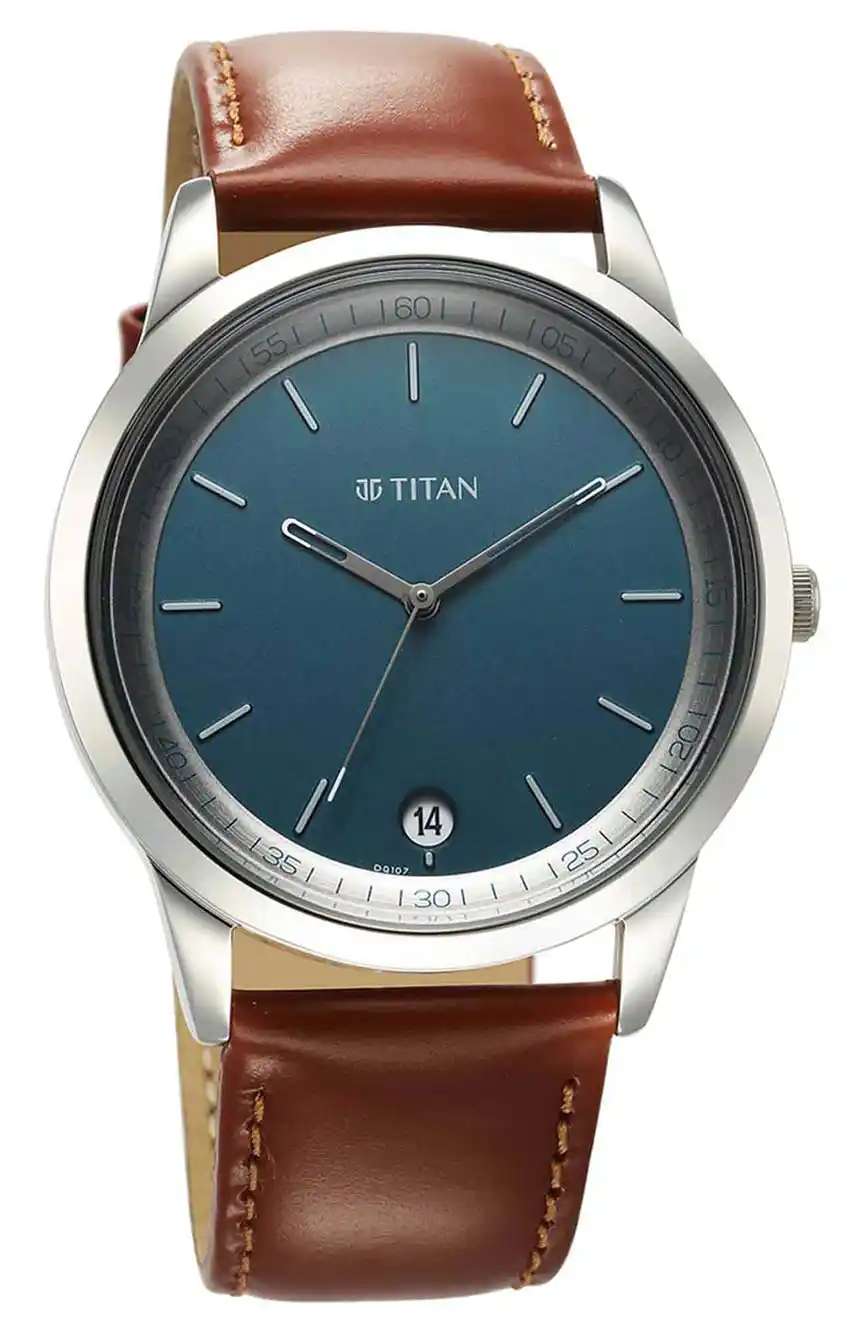 Titan Wrist Wit Quartz Analog with Date Blue Dial Leather Strap Watch for Men