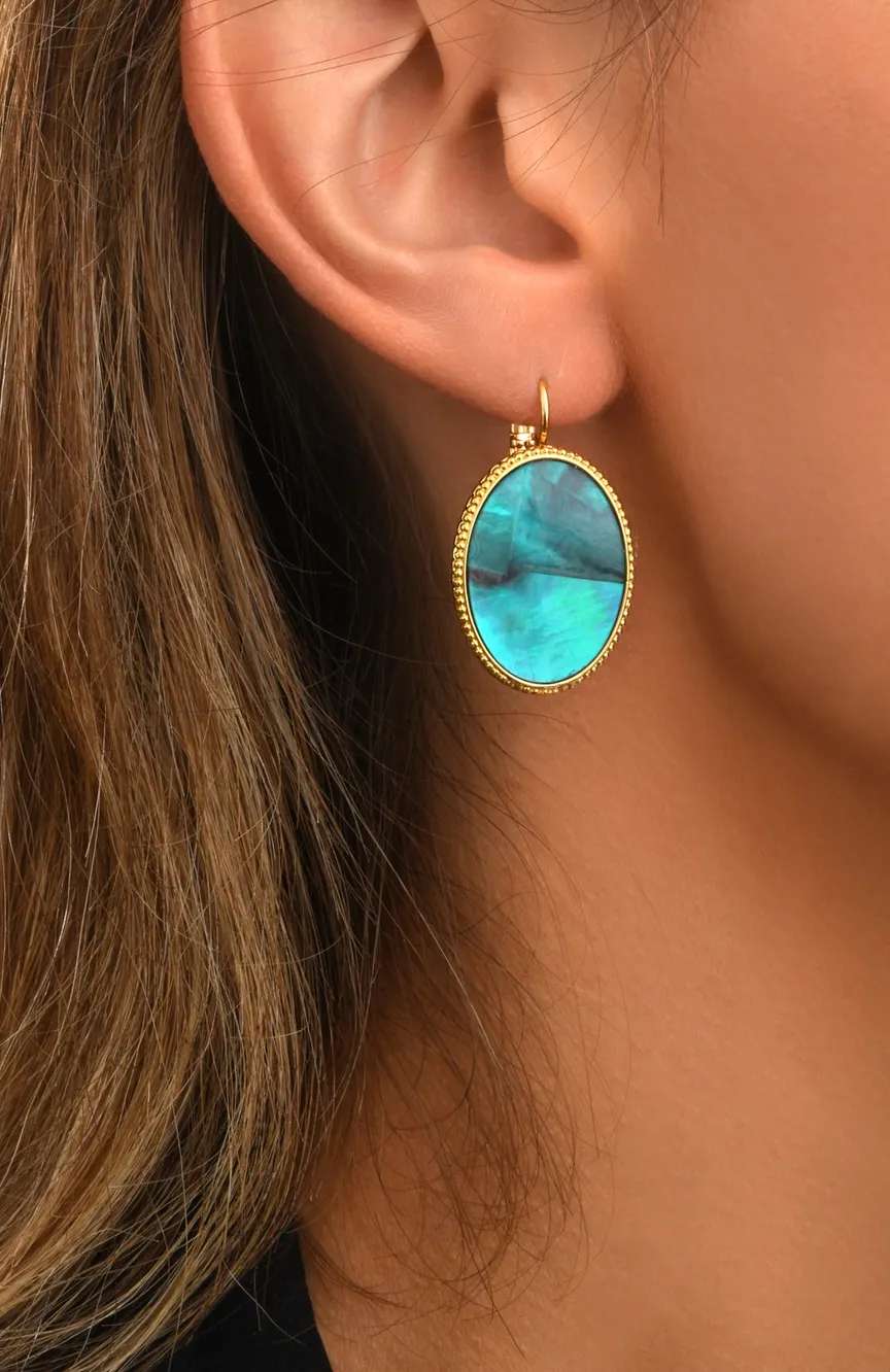 ستالايت Ashanti Oval Sleeper Earrings In Mother-Of-Pearl -Green Turquoise