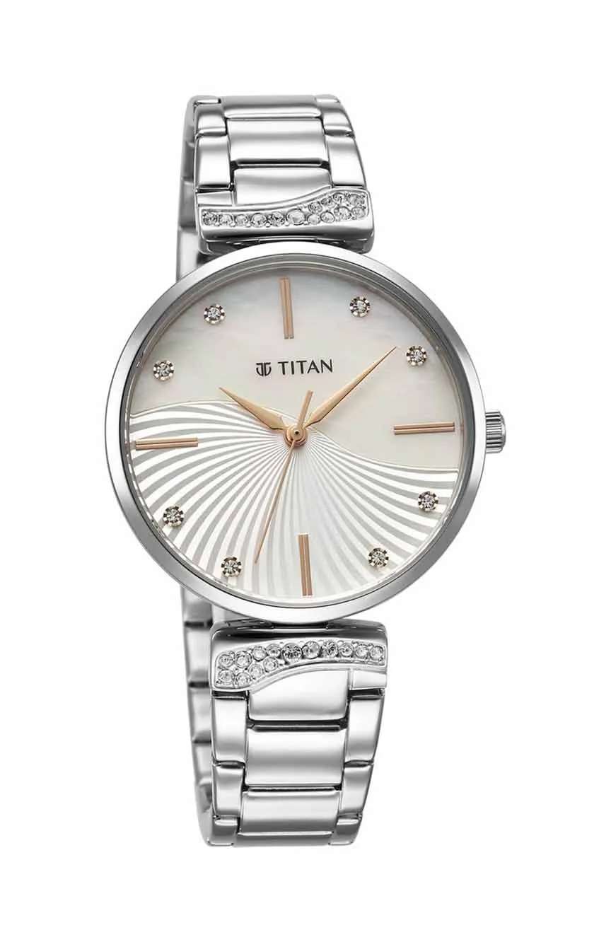 Titan Purple Style Up Quartz Analog Mother Of Pearl Dial Stainless Steel Strap Watch for Women