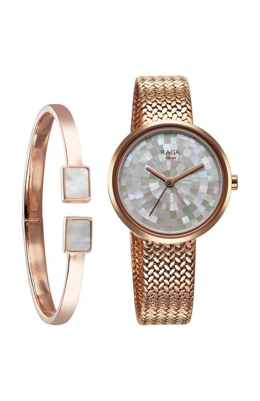 Titan Raga Memoirs Quartz Analog Mother Of Pearl Round Dial Rose Gold Metal Strap Watch For Women