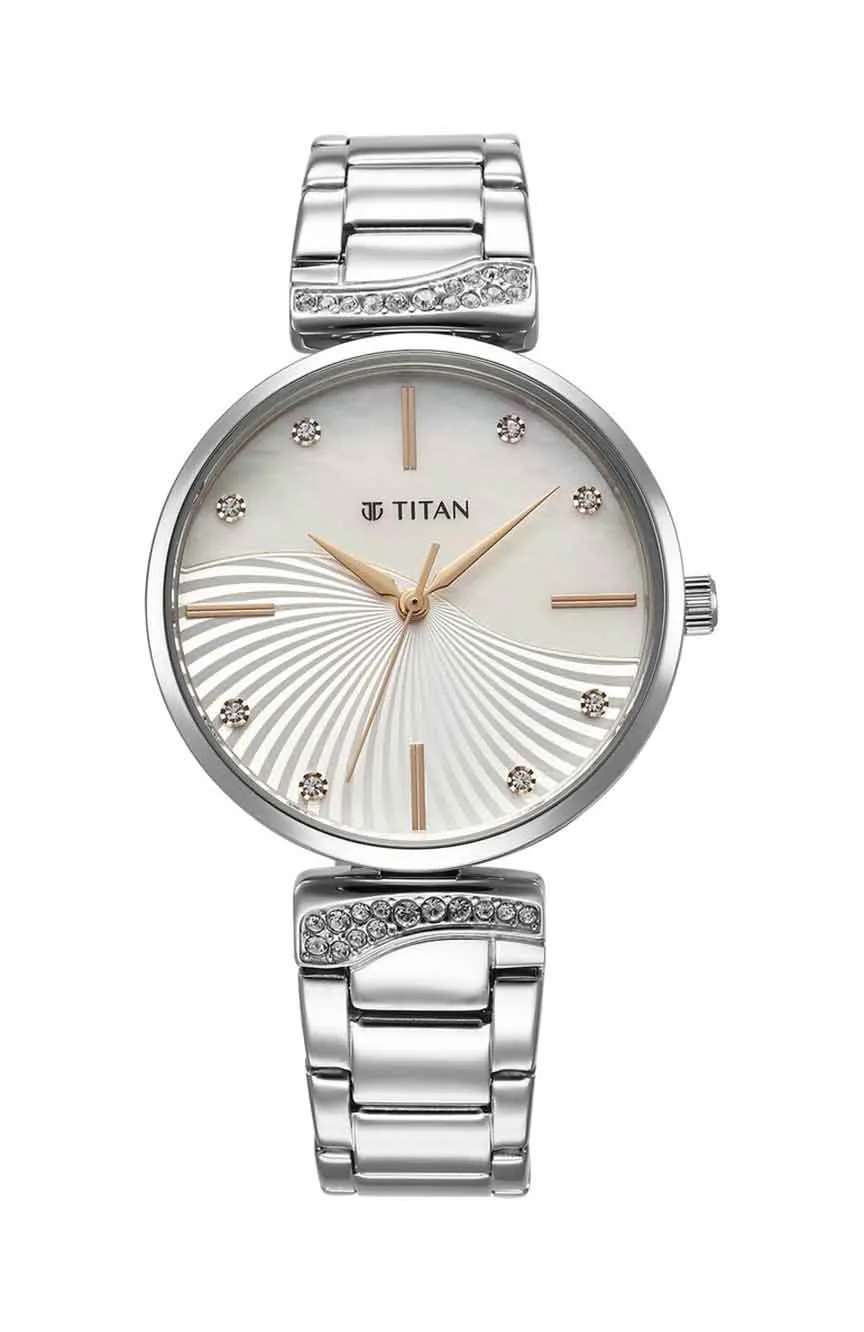 Titan Purple Style Up Quartz Analog Mother Of Pearl Dial Stainless Steel Strap Watch for Women