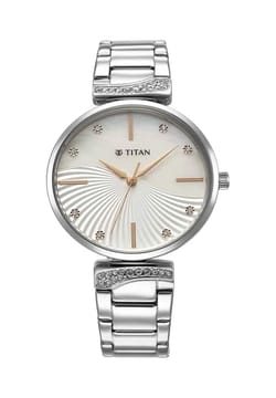 Titan Purple Style Up Quartz Analog Mother Of Pearl Dial Stainless Steel Strap Watch for Women