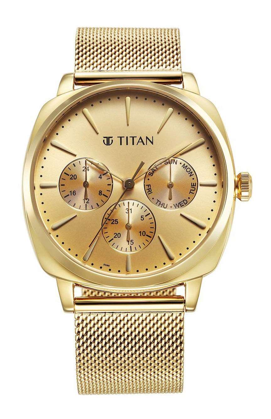 Titan Classique Suave Quartz Yellow Dial Golden Stainless Steel Mesh Strap Watch for Men