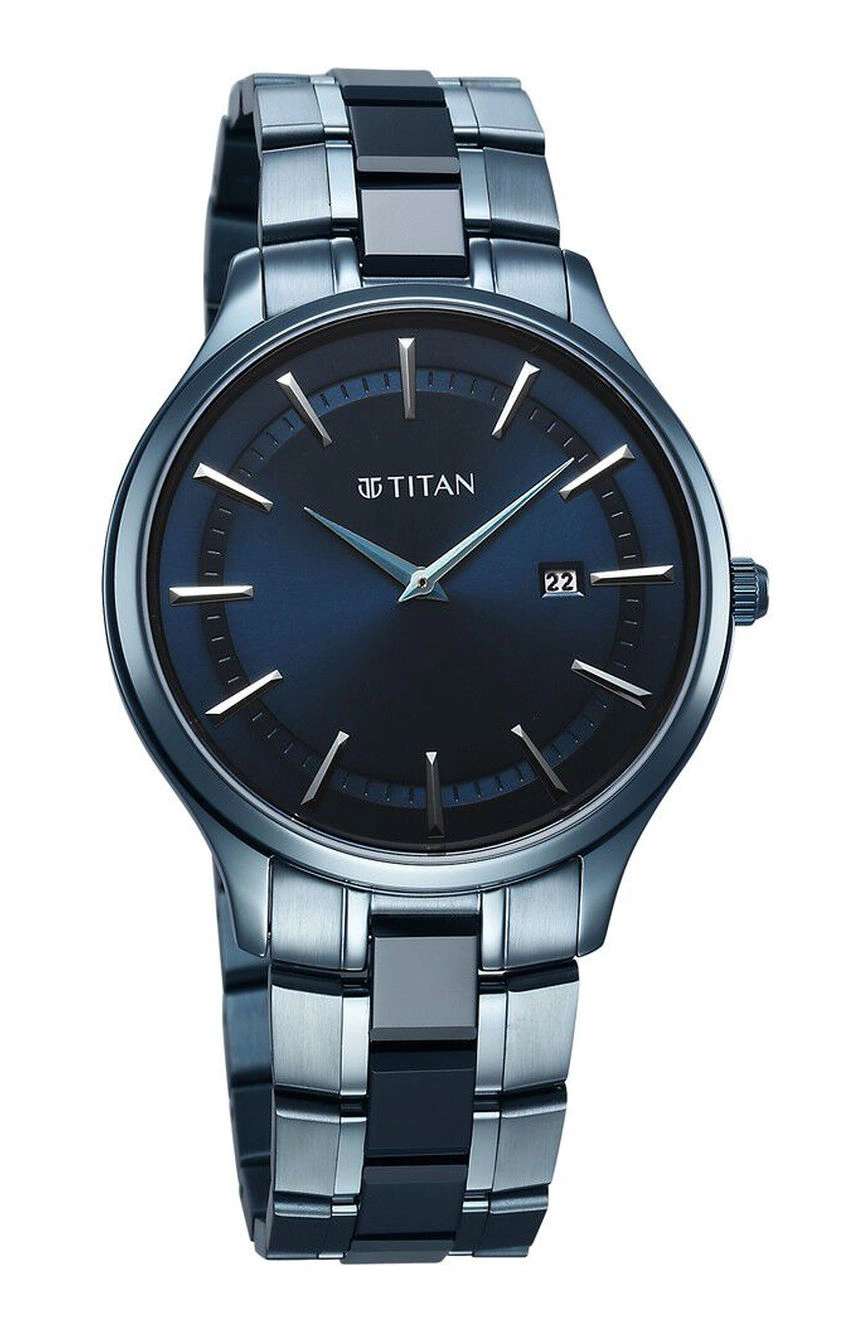 Titan Slim Ceramic Fusion Quartz Analog with Date Blue Dial Stainless Steel Strap Watch For Men