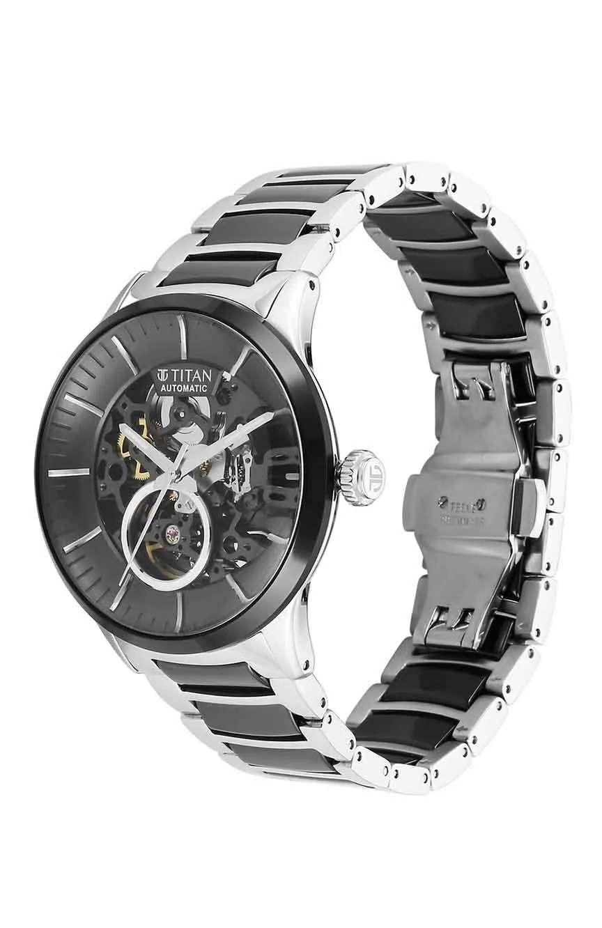 Titan Ceramic Fusion Automatic Black Dial Silver Dual-Toned Stainless Steel Bracelet Watch for Men