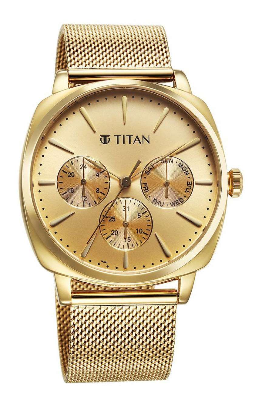 Titan Classique Suave Quartz Yellow Dial Golden Stainless Steel Mesh Strap Watch for Men